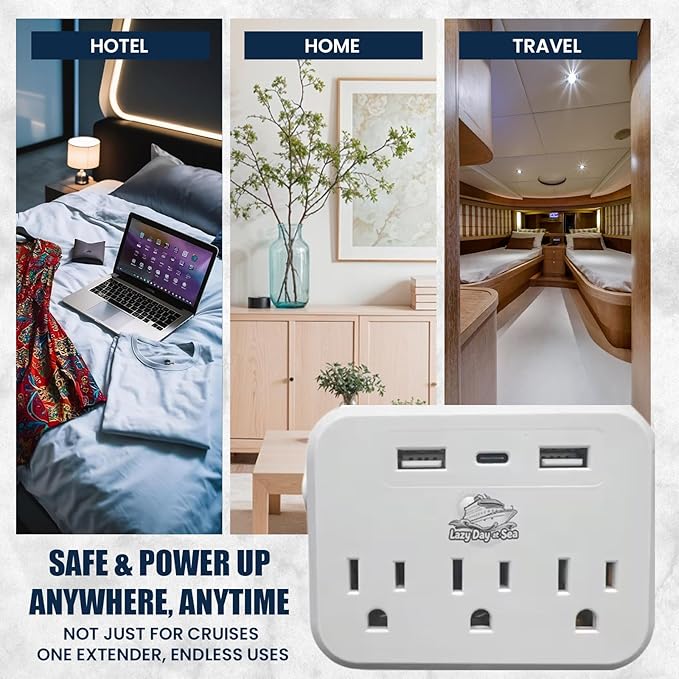 Cruise Ship Compliant Non-Surge Power Strip (6-in-1) Outlet Extender with 3 AC Outlets, 2 USB Ports & 1 USB-C, 2500W, Carnival, Norwegian, Princess & Disney Cruises – Verify Policies Before Travel