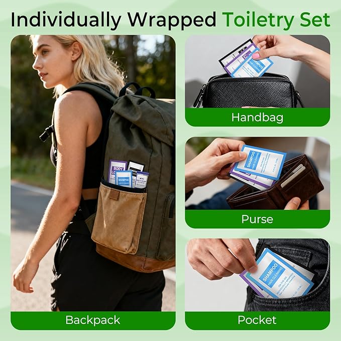 10 Sets 4-IN-1 Hotel Toiletries Bulk Set,40 Pcs 0.35 oz each Packets Shampoo,Conditioner, Body Wash and Lotion Mini Travel Size Toiletries Supplies kit for Guests,Homeless,Motel