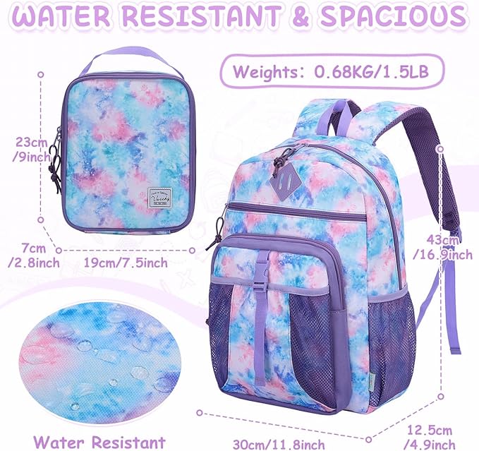 VASCHY Kids Backpack Lunch Bag Set, Girls 2-1 School Bookbag Insulated Lunch Box for Toddlers,Preschool,Daycare,Kindergarten,Elementary School Multi-Color