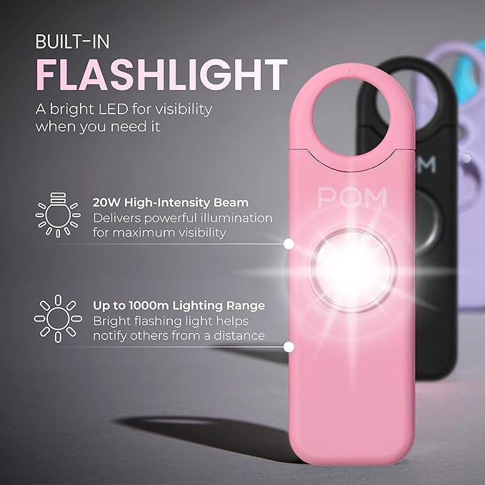 POM Personal Safety Alarm for Women – 130dB Loud Emergency Siren, USB-C Rechargeable with Bright LED Flashlight, Portable Keychain Design for Self Defense, Purse, Backpack & Travel (Pink)