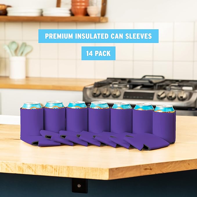 Blank Beer Can Coolers Sleeves (14-Pack) Soft Insulated Beer Can Cooler Sleeves - HTV Friendly Plain Can Sleeves for Soda, Beer Cans & Bottles - Blanks for Vinyl Projects & Wedding Favors (Purple)