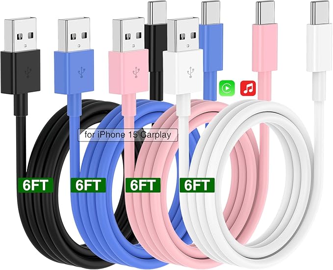 Car Carplay Cable for iPhone 17 16 15 Charger Cord,4 Pack 6FT USB A to USB C Cable for iPhone 17 Pro Max/16 Pro/15 Plus Charger,USB C Car Charger for Apple 17 Air/16 Pro Max/16e/15-Colored