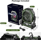 Odoland Portable Camping Fan with LED Lantern, 20000mAh Battery Operated Rechargeable Misting Fan with Light, 250mL Water Tank, Hook, Outdoor Tent Cooling Fans for Patios Beach Travel Summer, Green