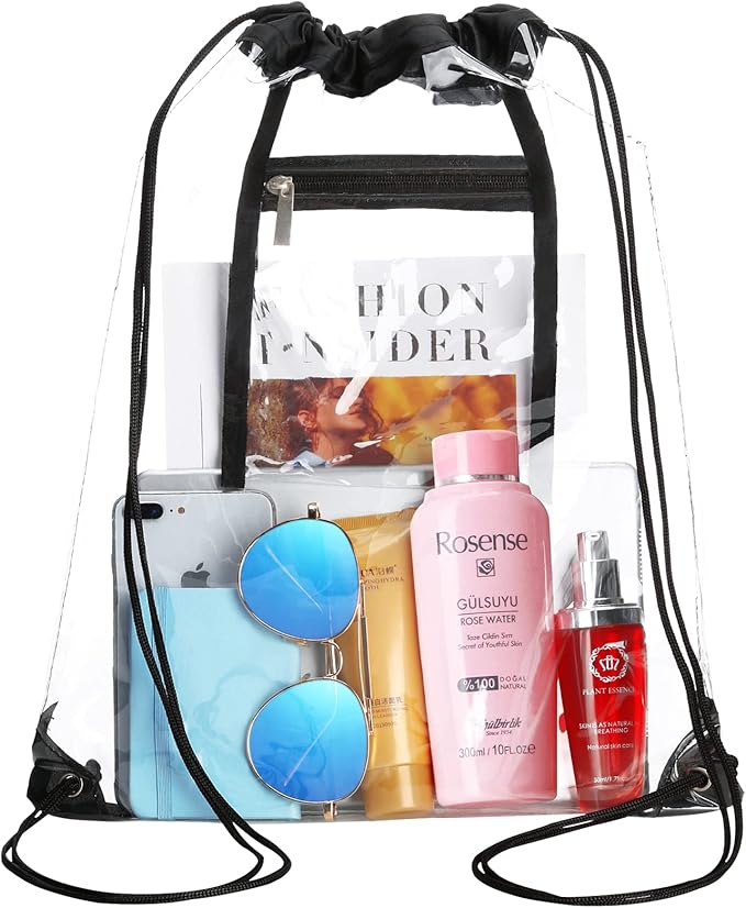 2 PACK Clear Drawstring Bag Stadium Approved, See Through PVC Drawstring bags, Transparent Backpack with Inner Zipper Pocket