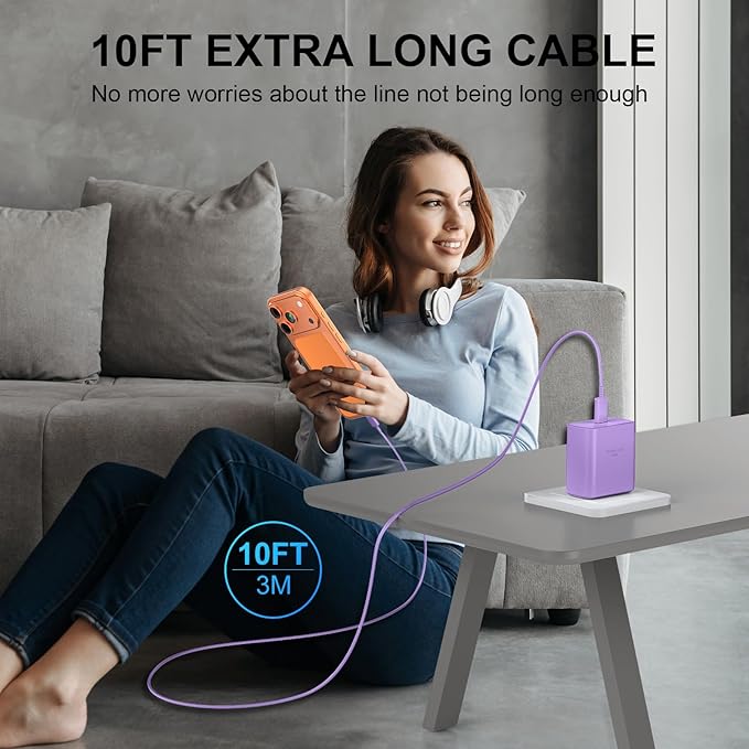 Phone 17 16 Pro Max Charger Fast Charging, 45W USB C Phone 17 16 Super Fast Charger Block with 10ft Long Type C Charging Cable Cord for i.Phone 17 Pro Max/17 Pro/17 Air/17/16/16Pro-White+Purple