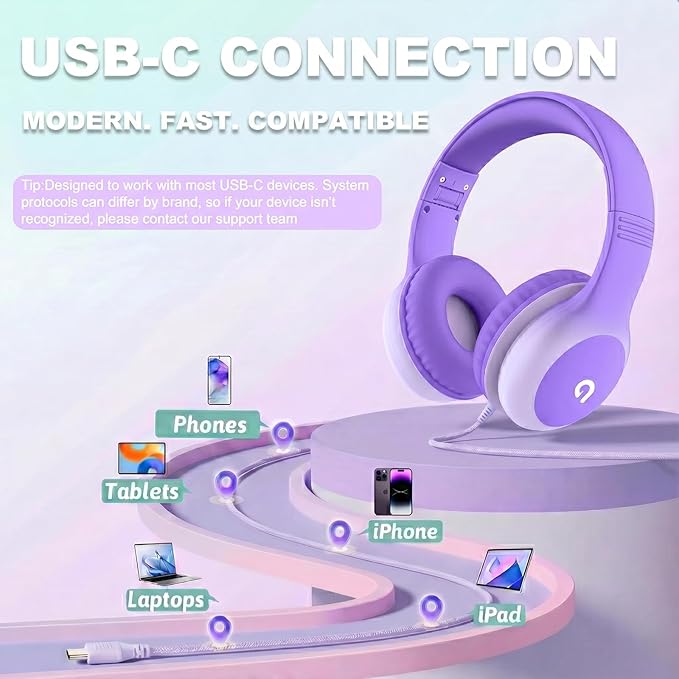 ADOOPE Wired Kids Headphones with USB C Plug, 85dB Safe Volume, Adjustable Headband, Tangle-Free Cord Headphones for School, Tablet, Travel (Lavender Purple, Without Microphone)