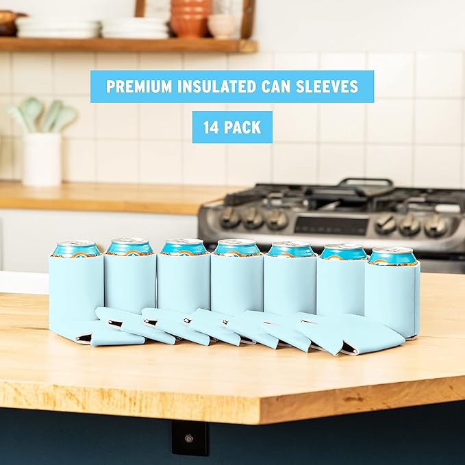 Blank Beer Can Coolers Sleeves (14-Pack) Soft Insulated Beer Can Cooler Sleeves - HTV Friendly Plain Can Sleeves for Beer Cans & Bottles - Blanks for Vinyl Projects & Wedding Favors (Light Blue)