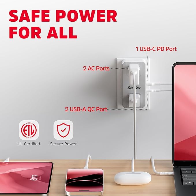 Energizer 4 Pack Fast Charging Multi Plug Wall Outlet Extender - 2 AC Power Outlets, 20W PD Type C, 2 USB A (3.1A Total Output)