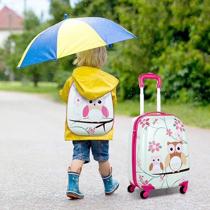 BABY JOY 2 PC Kids Luggage, 16" Toddlers Carry-on Suitcase & 12” Backpack Set, Children Travelling Case w/ 4 Casters & Retractable Handle, Lightweight Trolley Case for Boys & Girls (Owl)