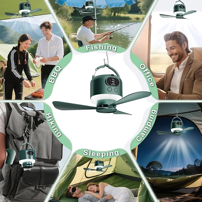 Wireless Portable Ceiling Fan with Remote, 3-Blade Design, 10040mAh Battery Operated, USB Rechargeable Hanging Fan with Hook for Tent, Camping, Outdoor, Type-C Rechargeable (Green)