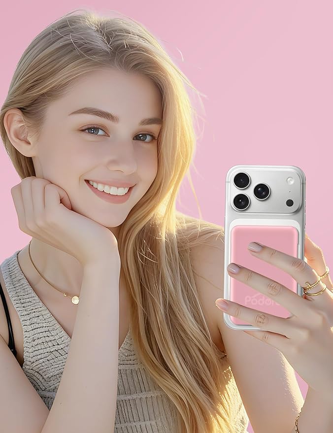 podoru for Magsafe Battery Pack, 10000mAh Magnetic Power Bank Built-in Double USB C Cables 20W PD Fast Charging LED Display Wireless Portable Charger for iPhone 17/16/15/14/13/12 Series-Pink