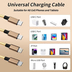 IDISON USB C Multi Charging Cable [2Pack 4FT], 3 in 1 Charging Cable Nylon Braided USB-C Multiple Charger Cord with Type-C, Micro USB and IP Port for Cell Phones and More (Golden)