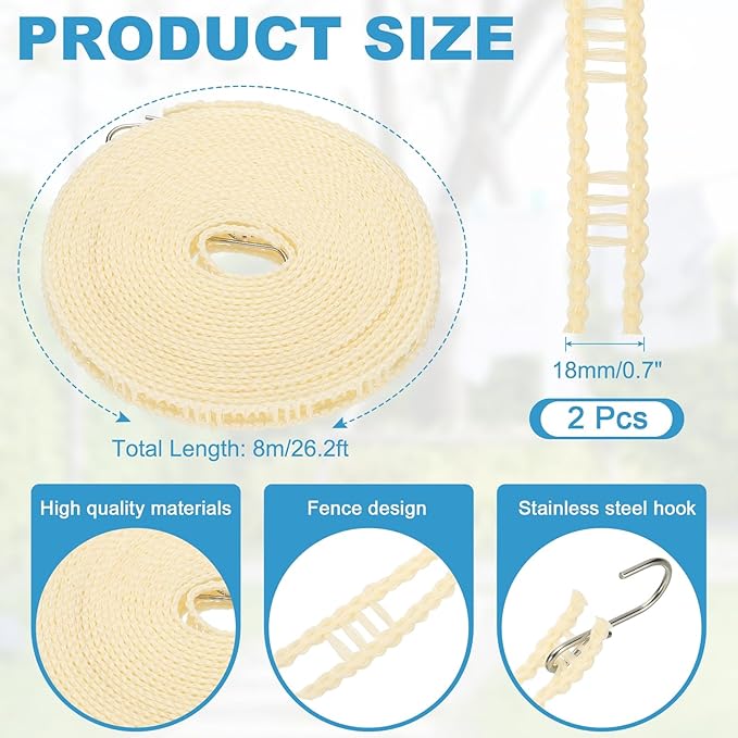 uxcell 2 Pcs Portable Travel Clothesline, 26.2ft Clothes Line Outdoors Travel Hanger Foldable Clothesline Rope with Hooks for Camping Hotel Backyard Home Cruise Ship, Beige