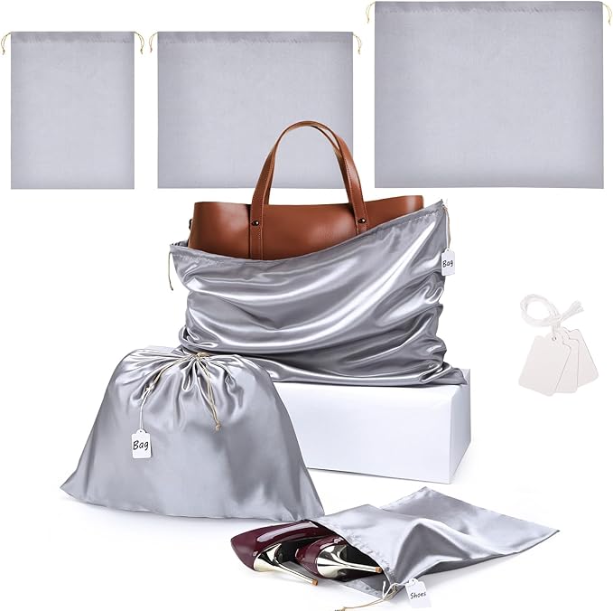 Ewen 3pcs Satin Drawstring Dustbags for Handbags with Blank Tags, Dustproof Travel Essentials Organizer Pouch in Small Medium Large Sizes, Packing Bag Set for Home Storage Jewelry Shoes Organization