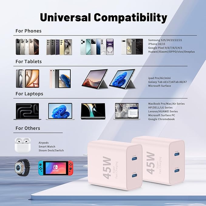 QZIIW Super Fast Samsung Charger Type C,45W Dual Port USB C Fast Charger Block [2-Pack] & Extra Long 60W 3/6/6/10FT USB C Cable - PD Quick Charging 3.0 for Samsung Galaxy S25 Ultra/S24+/S23 iPhone 16