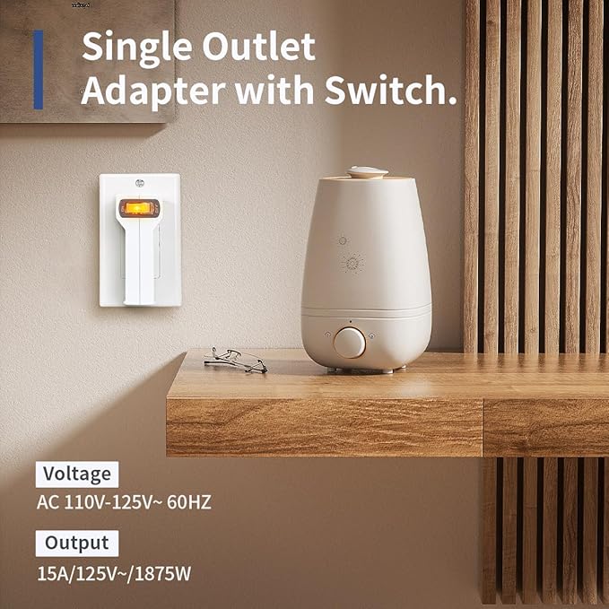 SYCON 4 Outlet Wall Adapter with A Power Switch and Night Light, 2-Prong Extender Adapter Plug with 4 Electrical Outlets for Travel Home Hotel Office-White 1 Pack