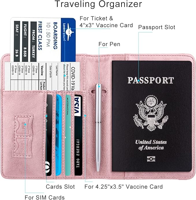 WALNEW Passport Holder for Travel, RFID Passport Cover Wallet for Women Men, PU Leather Passport Book Card Holder Case with Pen (Elastic Band Closure, C-Rosegold)