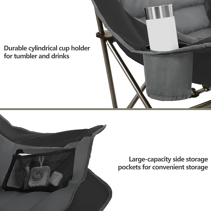 Colegence Oversized Camping Chairs Set of 2, Padded Camping Chair Heavy Duty Lawn Chairs for Adults, XL Foldable Camp Chair for Outdoor Sports, Baseball, Wide Seat Support 450LBS - Black and Grey