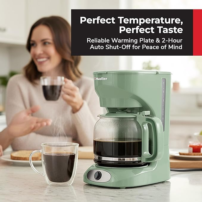 MUELLER HOME 12-Cup Drip Green Coffee Maker, Borosilicate Carafe, Auto-Off, Reusable Filter, Anti-Drip, Keep-Warm Function, Clear Water Level Window, Green Kitchen Accessories & Décor