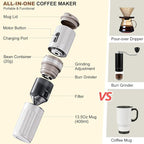 Portable Coffee Maker with Electric Grinder, Travel Coffee Maker, Portable Battery Pour Over Set, Rechargeable Cordless Coffee Mini Maker with Insulated Mug for Travel, Camping, Car