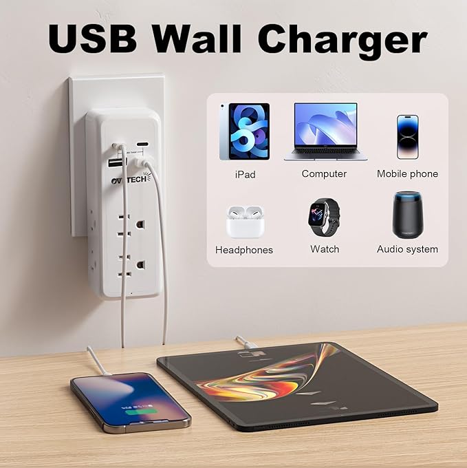 Multi Plug Outlet Extender, 4USB Wall Charger, Wall Plug Splitter with 6 Outlets 450J Electrical Power Expander with Surge Protector,Spaced for Travel,Home, Office, White 2Pack