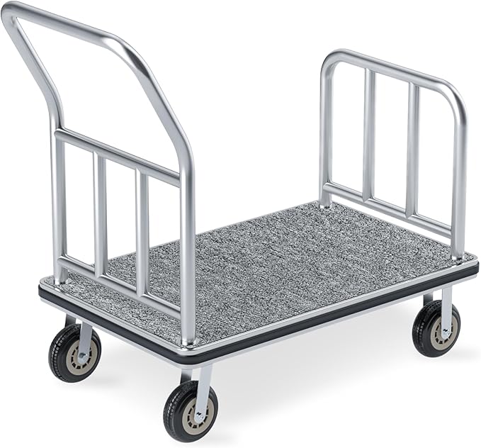 Hotel Luggage Cart, 900LBS Load Capacity Bellman's Cart with 8" Wheels, Brushed Stainless Steel Commercial Grade Hotel Luggage Trolley with Grey Carpeted Deck for Hotels (42''L x 25''W x 38''H)