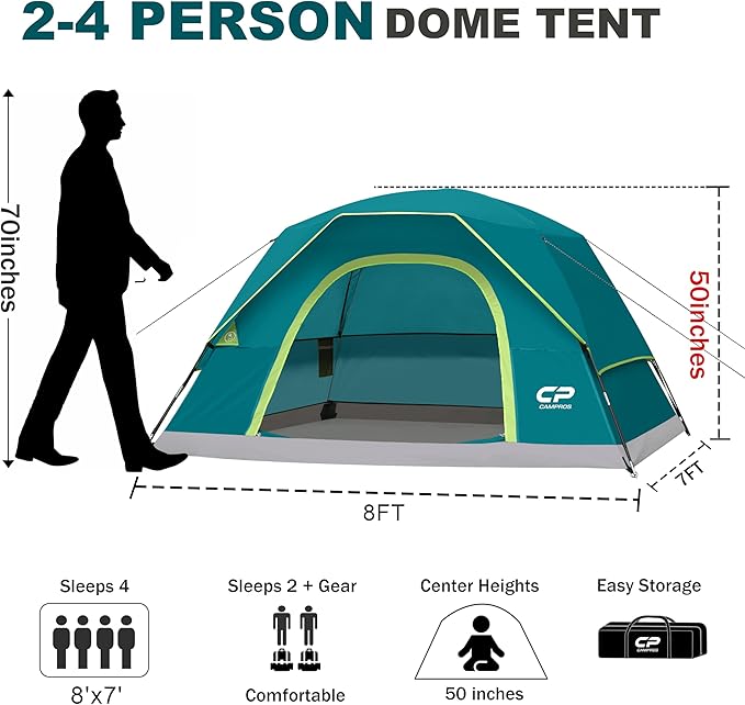 CAMPROS CP Camping Tent 2/4/6 Person, Waterproof Windproof Double Layer Dome Tent, Easy Setup with Large Mesh Windows & Wide Door for Outdoor Camping Backyard