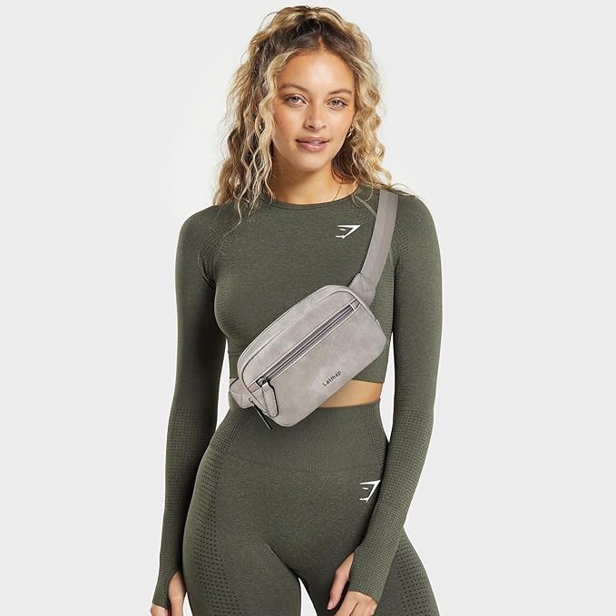LATMAP 2L Fanny Packs Everywhere Belt Bag Small Fashion Crossbody Waist Pack Faux Leather Waterproof Sling Chest Bag For Women Trendy Grey