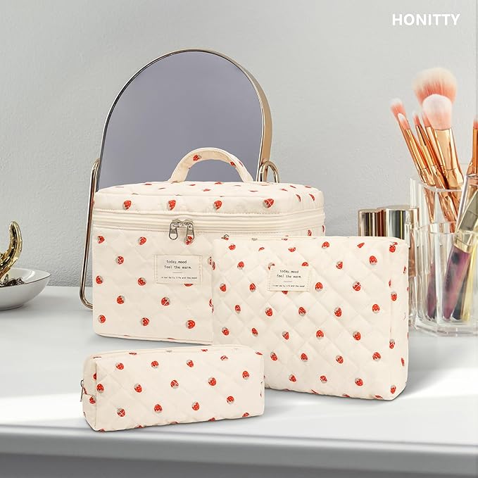 honitty Makeup Bag,Quilted Cosmetic Bags,Large Floral Make Up Organize bag,Makeup Bag Set for Women,Flower Travel Toiletry Bag