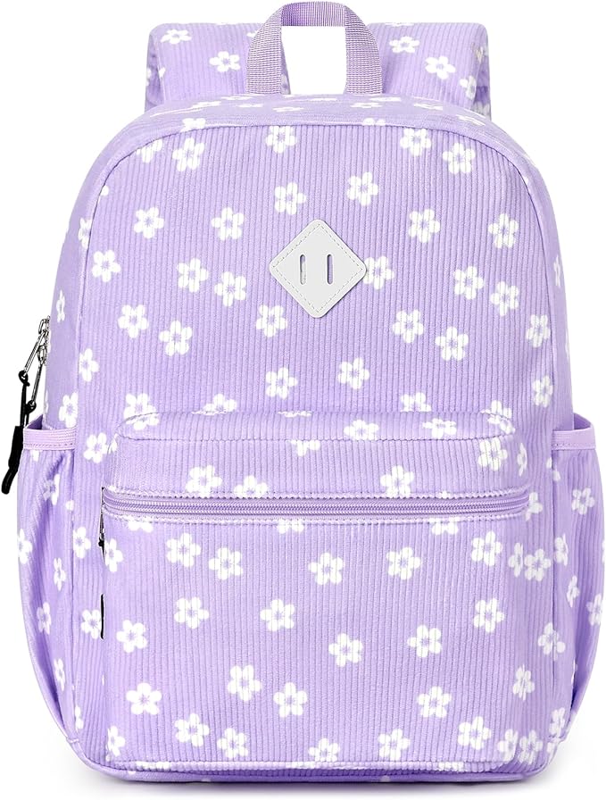 STEAMEDBUN Corduroy Kids Backpack for Girls Boys 3-8, Girls Backpack for Elementary Kindergarten - Purple Floral