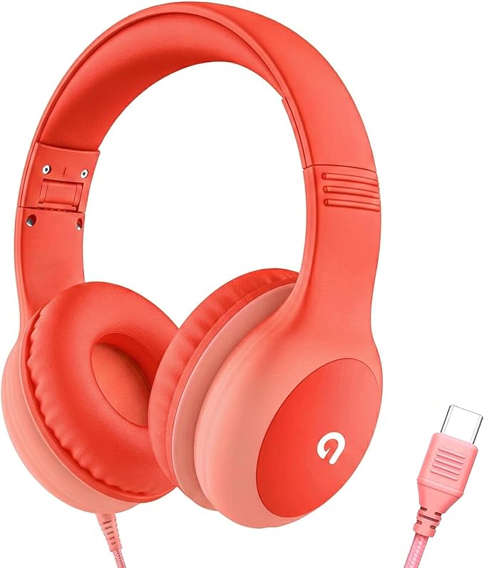 ADOOPE Wired Kids Headphones with USB C Plug, 85dB Safe Volume, Adjustable Headband, Tangle-Free Cord Headphones for School, Tablet, Travel (Coral Red & Soft Peach, Without Microphone)
