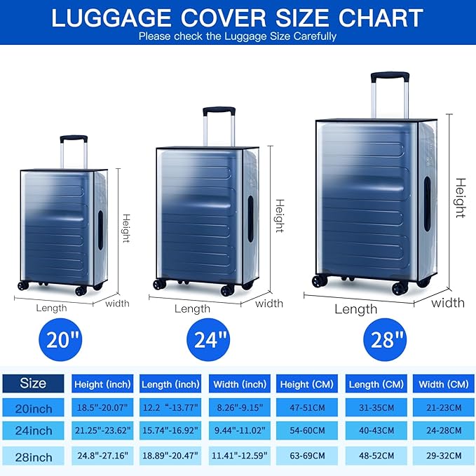 3 Pieces Thicken Clear Luggage Cover Protector with Tag Pocket, 20" 24" 28" PVC Luggage Covers for Suitcase Waterproof Dustproof Anti-scratch Travel Suitcase Covers Case for Wheeled Luggage