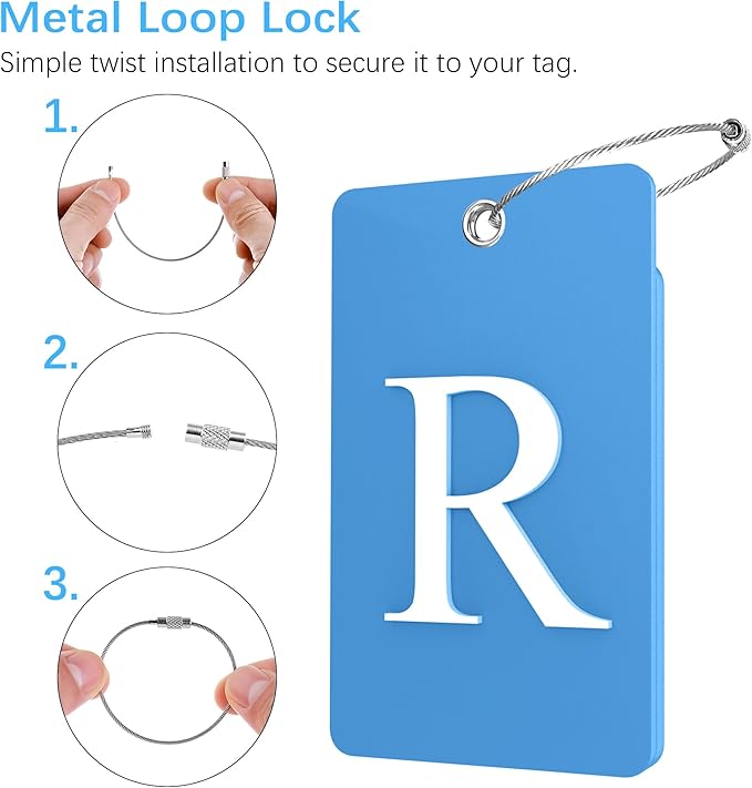 Gostwo 2 Pack Luggage Tags for Suitcases, 26 Initial Letter Travel Luggage Baggage Identification Labels ID Tag Fully Bendable Tags with Stainless Steel Loop (Blue) (Letter R)