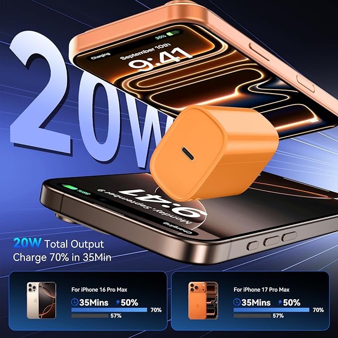 Phone 17 16 15 Pro Charger Fast Charging, 20W USB C Fast Charger Block with 10FT Long Type C Chargers Fast Charging Cable Cord for Phone 17/17 Pro/17 Pro Max/Air/16 Pro Max/16 Pro/15Pro-Cosmic Orange