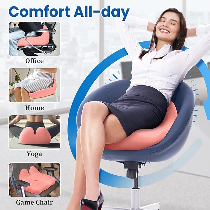 CushZone Seat Cushion, Memory Foam Office Chair Seat Cushion for Office Chairs/Car/Long Trip/Desk Chair/Gaming, Large Size for Sciatica & Hip & Tailbone Pain Relief, Sciatica Support (Pink)