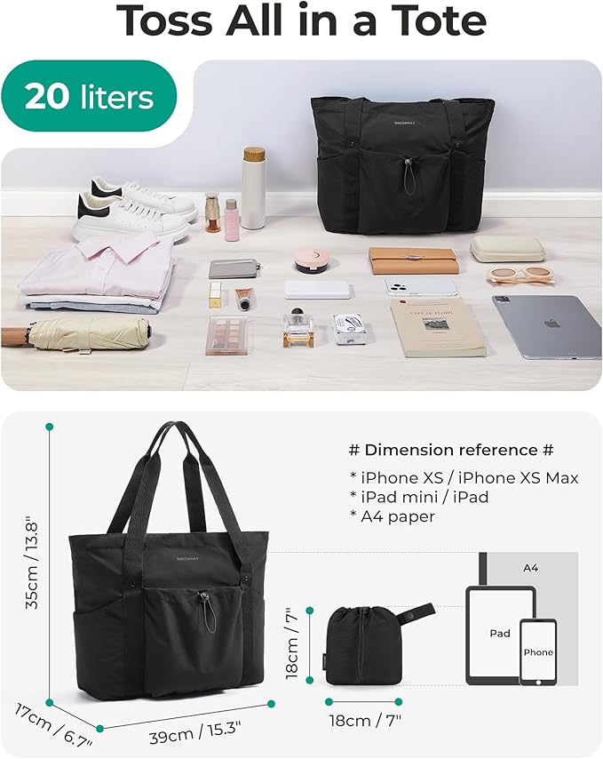 BAGSMART Foldable Tote Bag with Drawstring Bag, Tote Bag Shoulder Bag Top Handle Handbag for Travel, Work, Beach, Gym