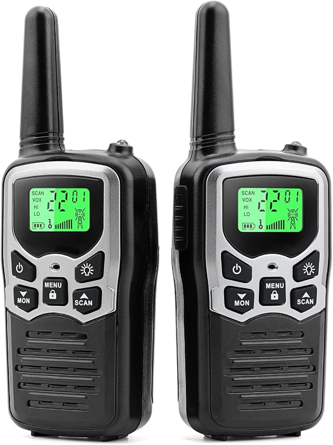 Walkie Talkies,MOICO Long Range Walkie Talkies for Adults Two-Way Radios with 22 Channels FRS VOX Scan LCD Display with LED Flashlight for Field, Survival Biking Hiking Camping 2 Pack (Silver A)