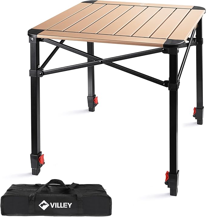 VILLEY Folding Camping Square Table with Carry Bag, Lightweight Aluminum Adjustable Square Table for Outdoor, Camping, Picnic, Backyards, BBQ, Medium