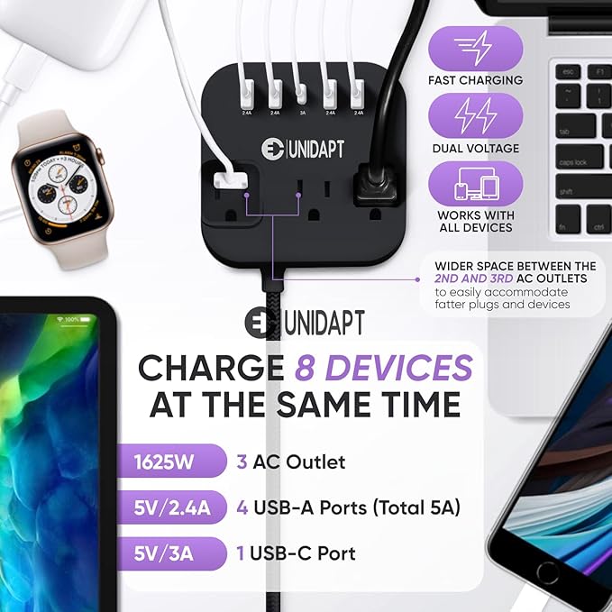 European Plug Adapter, Unidapt US to UK Europe Power Strip for EU/UK/US with USB C and 4 USB Ports, 3 AC Outlets, Wall Mountable, 5ft Extension Cord, for Travel Cruise Ship Home (Black)