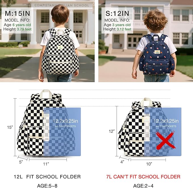 STEAMEDBUN Corduroy Toddler Backpack for Boys 2-4: Kids backpack for Boys Girls - 12 inch Preschool Kindergarten Backpacks - Checkered