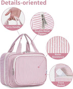 Narwey Striped Hanging Toiletry Bag for Women Travel Makeup Bag Organizer Toiletries Bag for Travel Size Essentials Accessories Cosmetics (Dusty Pink Stripe (Medium))