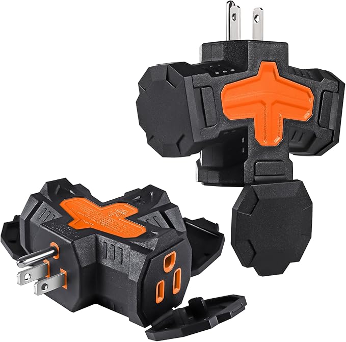 3 Outlet Indoor Outdoor Wall Adapter, ETL Listed 3-Prong Grounded Outlet Splitter, Weatherproof Heavy Duty Multi Outlet Power Plug Extender with Protective Cover, Black (Orange, 2 Pack)