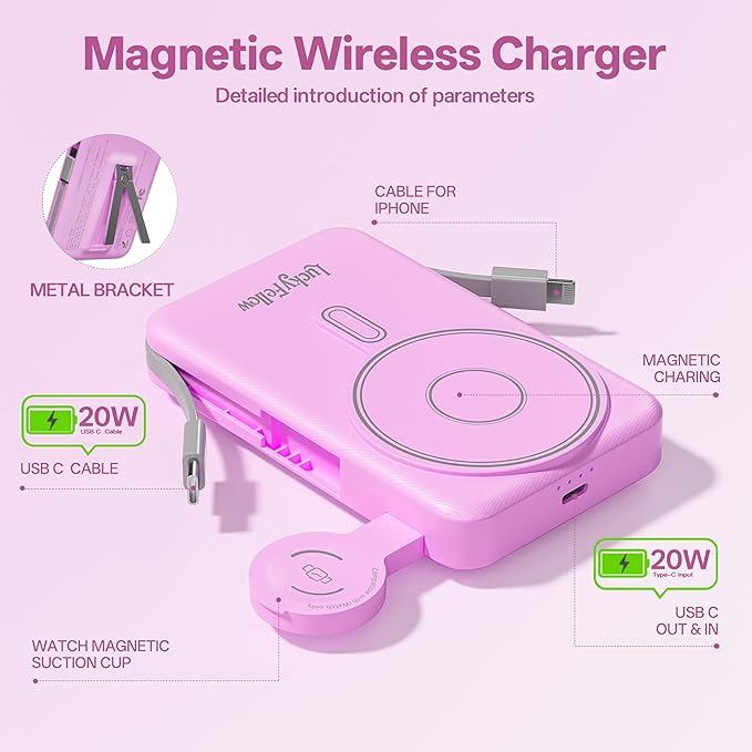 Magnetic Portable Charger Built-in Cables,10000mAh Fast Charging Wireless Charger Station External Battery Pack Slim Pocket Size Power Bank with Stand Compatible with iWatch, iPhone