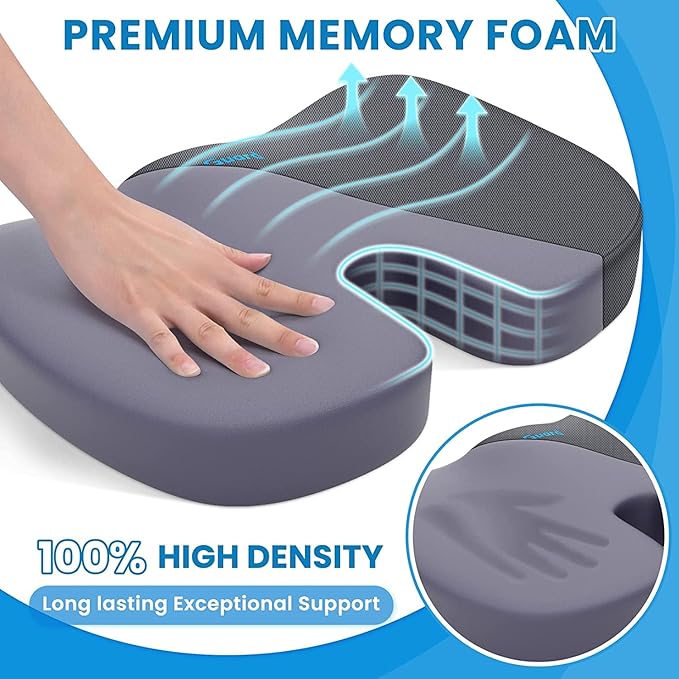TushGuard Seat Cushion for Office Chair Memory Foam Non-Slip Cushion Back, Relief Chair Pad, Butt Pillow for Office, Car, Computer Desk, Grey, X-Large