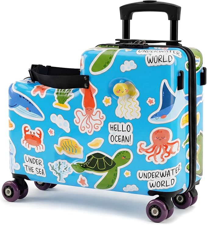 smilesun 20" Ride-On Suitcase for Kids, Cute Pattern, Lightweight Hardshell Carry-On Luggage with Double Spinner Wheels, TSA Lock for Boys & Girls（Blue）
