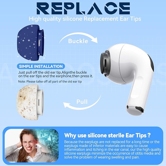4 Pairs Replacement Ear Tips for AirPods Pro 2nd/1st Generation with Portable Storage Box & Cleaner Pen,Noise Reduction Holewith & Built-in dust Guard Screen,Silicone EarTips(N-Blue)