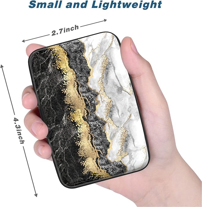 Credit Card Holder, Mini Aluminum Card Wallet RFID Blocking Slim Metal Hard Card Case for Women Men, Black Gold Marble