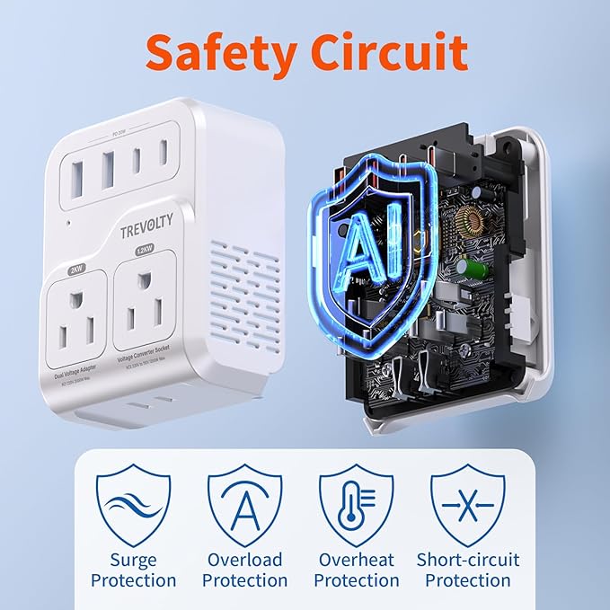 2000W Voltage Converter US to Europe for Hair Dryers, 7-in-1 220V to 110V Converter for European Travel with 3 AC/2 USBA/2 USBC Ports (PD20W), Universal Travel Adapter with Type C G Plug (White)