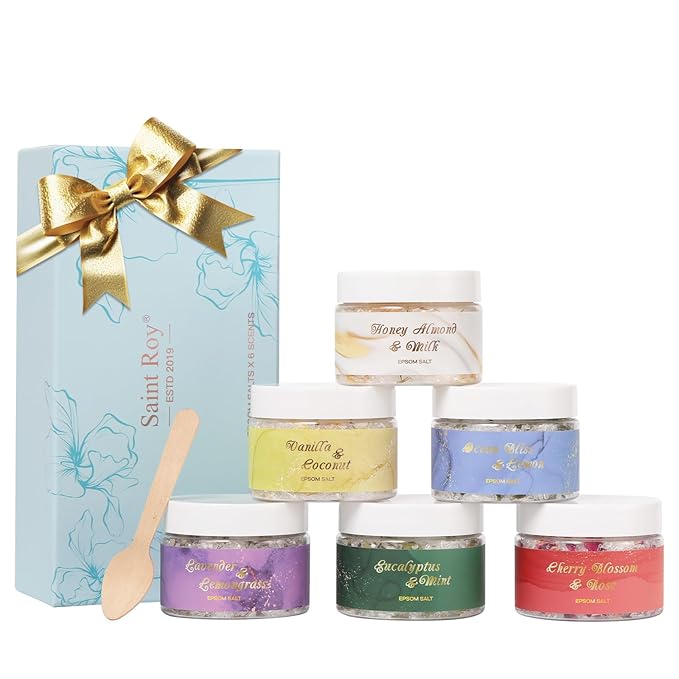 Spa Gifts for Women - 6-Piece Floral Epsom Salt Gift Set for Women with Epsom Salt, Bath and Body Gift Set in Elegant Box | Christmas, Mothers Day, Birthday Gifts for Men spa kit Mom Bath Set