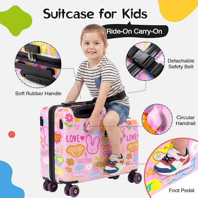 smilesun 20" Ride-On Suitcase for Kids, Cute Pattern, Lightweight Hardshell Carry-On Luggage with Double Spinner Wheels, TSA Lock for Boys & Girls (Candy Garden Pink, 20-inch)